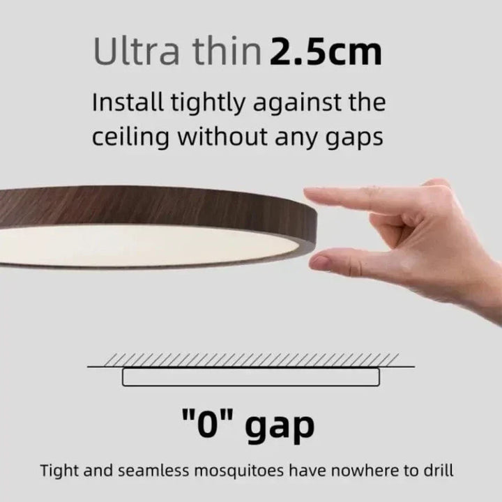 Fingers pinching the thin edge of the walnut-finish light with a diagram showing zero gap against the ceiling.