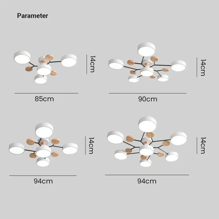 Size chart showing four white chandelier versions with different numbers of lights, each labeled with its width and height. 19