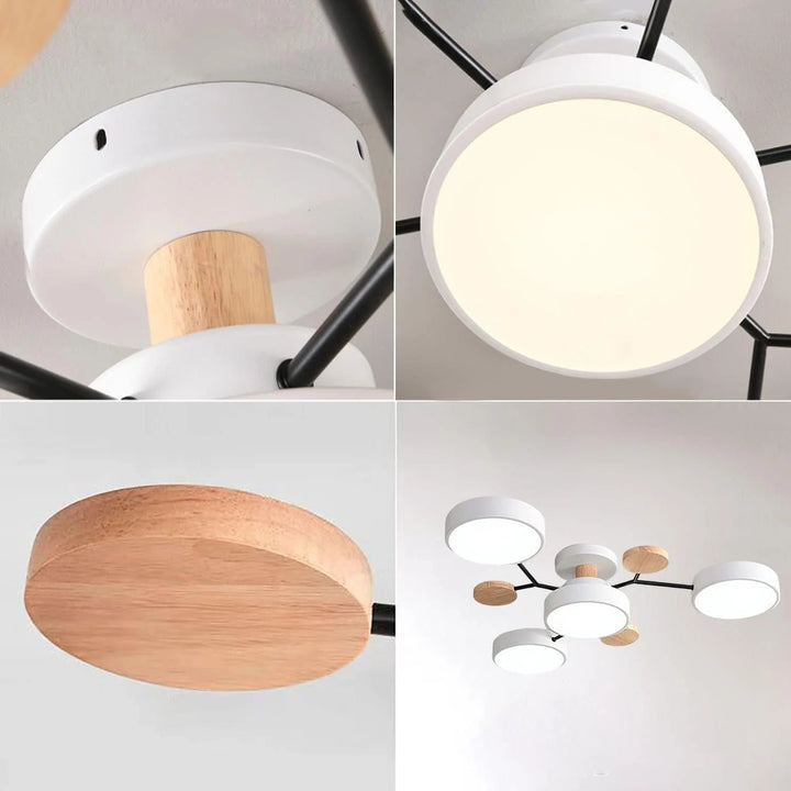 Four-panel collage of the white chandelier: ceiling canopy with wooden stem, glowing light shade, wooden disc underside and full fixture. 20