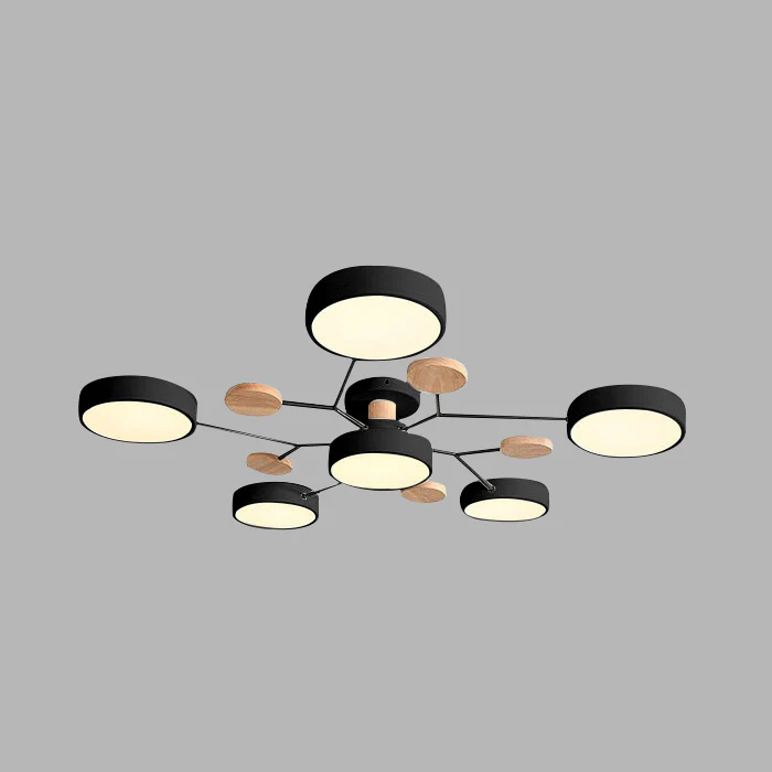 Black six-drum ceiling light with branching arms and wood discs, shown alone against a plain gray background. 31