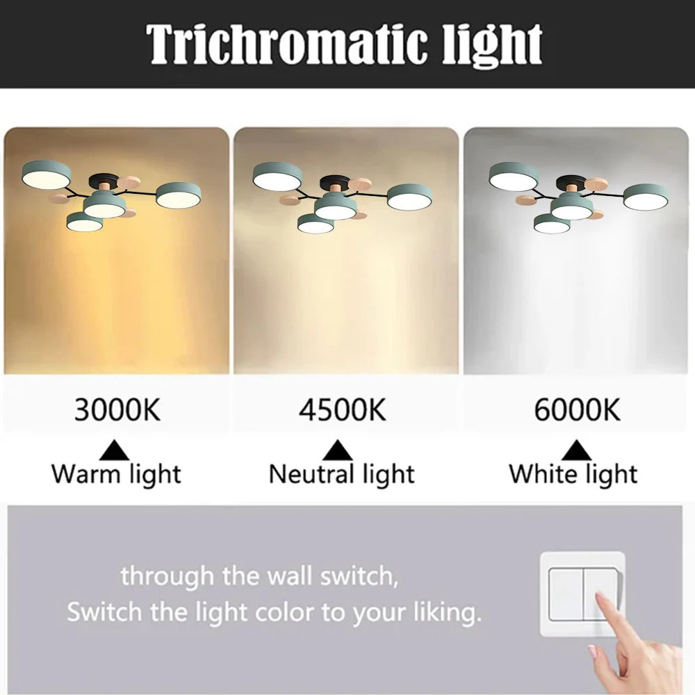 Infographic showing the chandelier in warm, neutral and white light settings, switched by a finger pressing a wall switch. 5