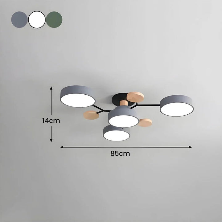 Four-light gray version on a plain ceiling with dimension arrows and small swatches of the available shade colors. 7
