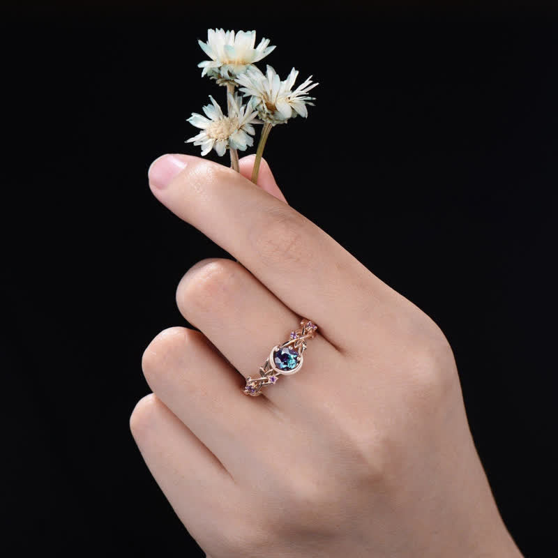 Moonstone Color-Changing Alexandrite and Amethyst Engagement Ring - Elara-Gold-1.93 inches-Nora Luxe