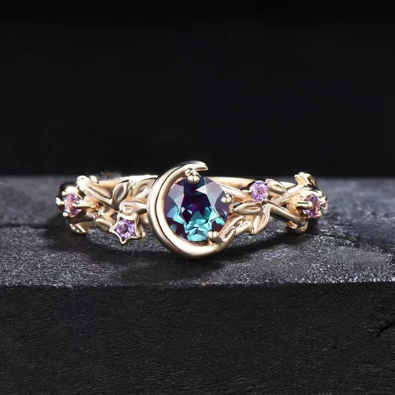 Moonstone Color-Changing Alexandrite and Amethyst Engagement Ring - Elara-Gold-1.93 inches-Nora Luxe