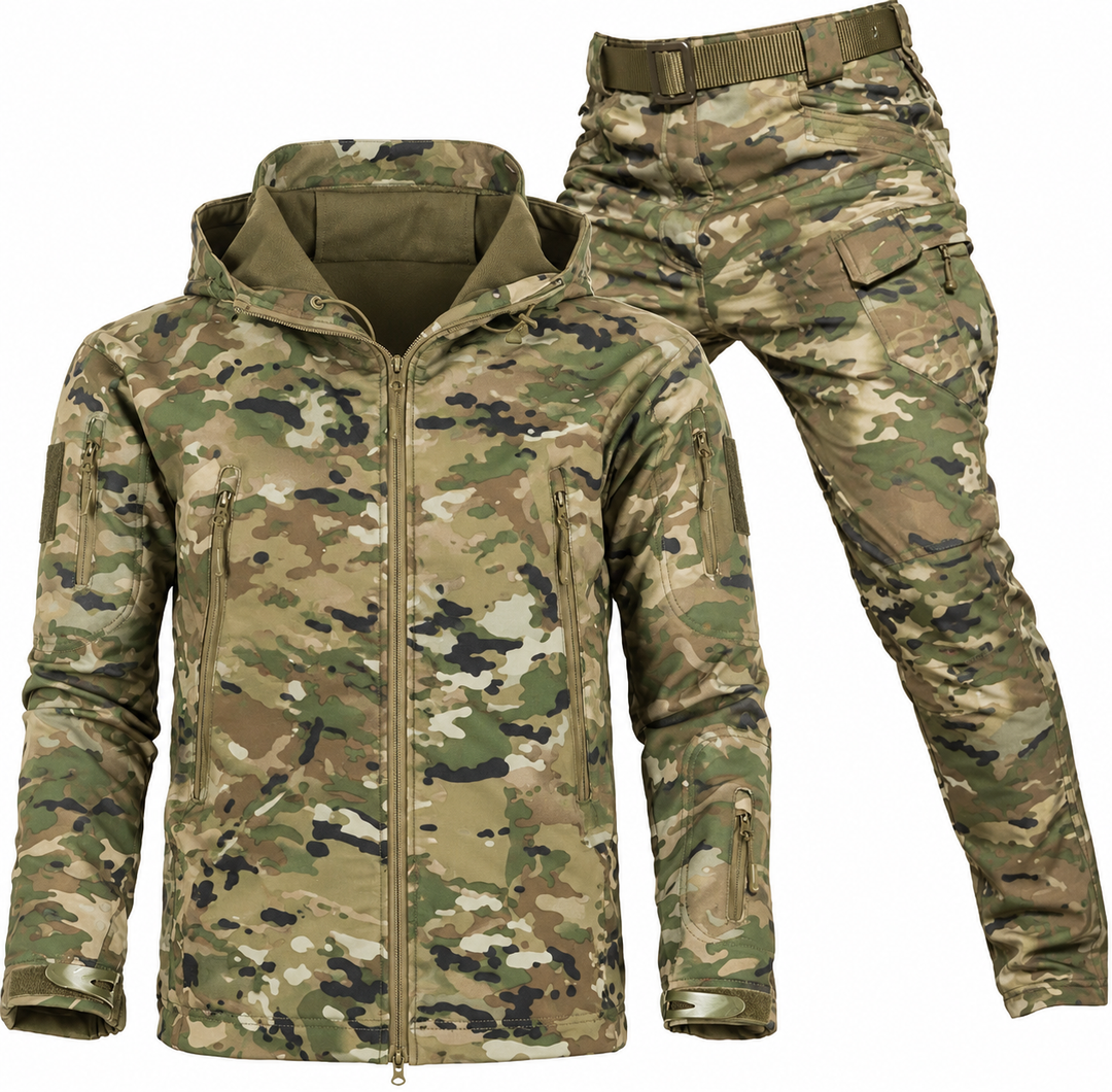 Camouflage jacket with open hood showing fleece lining, paired with matching camo cargo pants 14