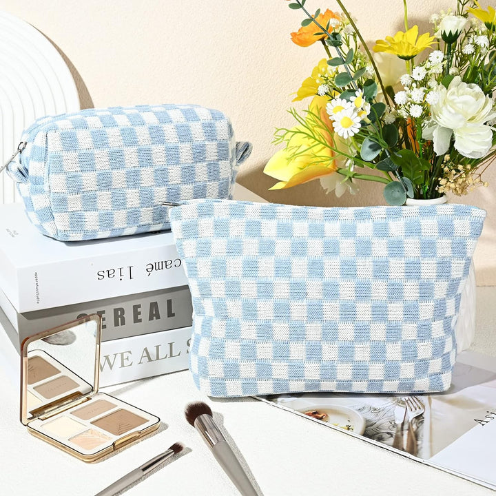 Must-Have Checked Make-up Bag Set-Blue-Nora Luxe