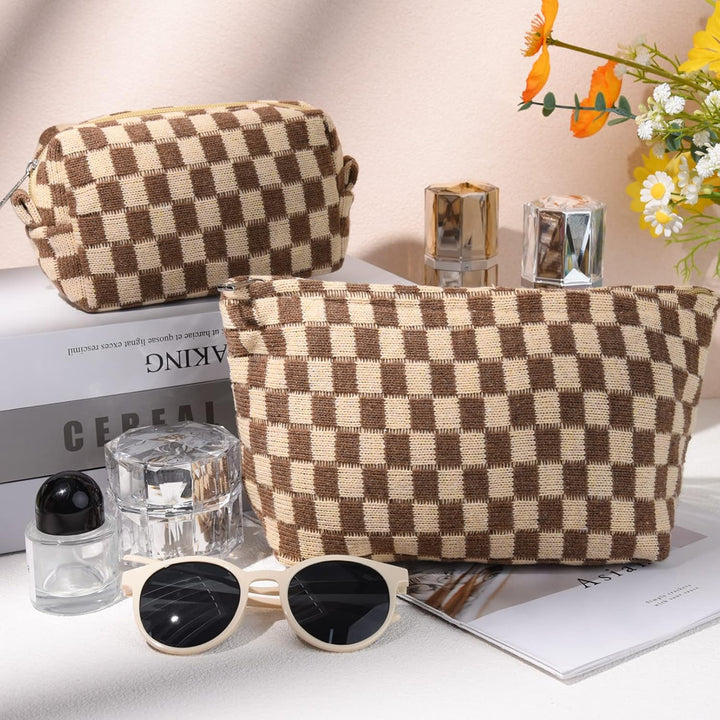 Must-Have Checked Make-up Bag Set-Brown-Nora Luxe