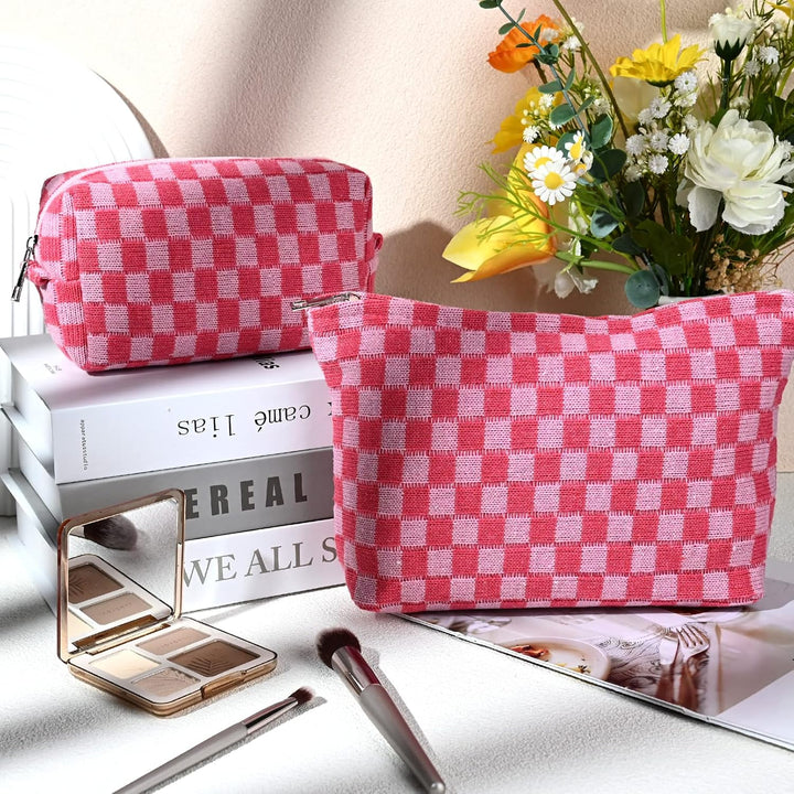 Must-Have Checked Make-up Bag Set-Red-Nora Luxe