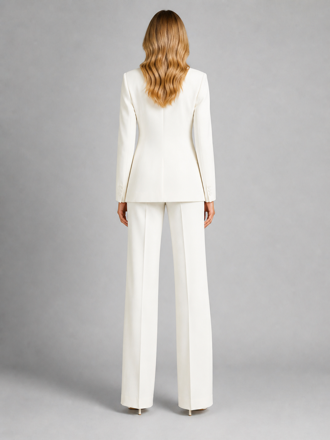 Women's Two-Piece Pantsuit with Blazer and Wide-Leg Pants in ivory, back view.