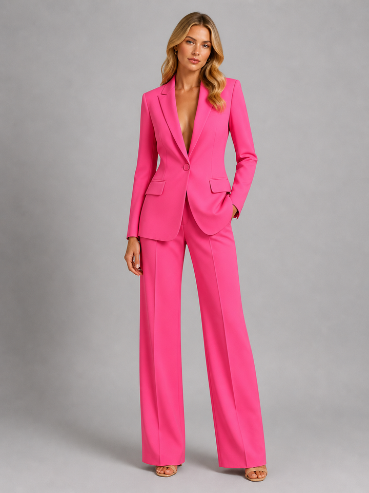 Women's Two-Piece Pantsuit with Blazer and Wide-Leg Pants in hot pink, front view.