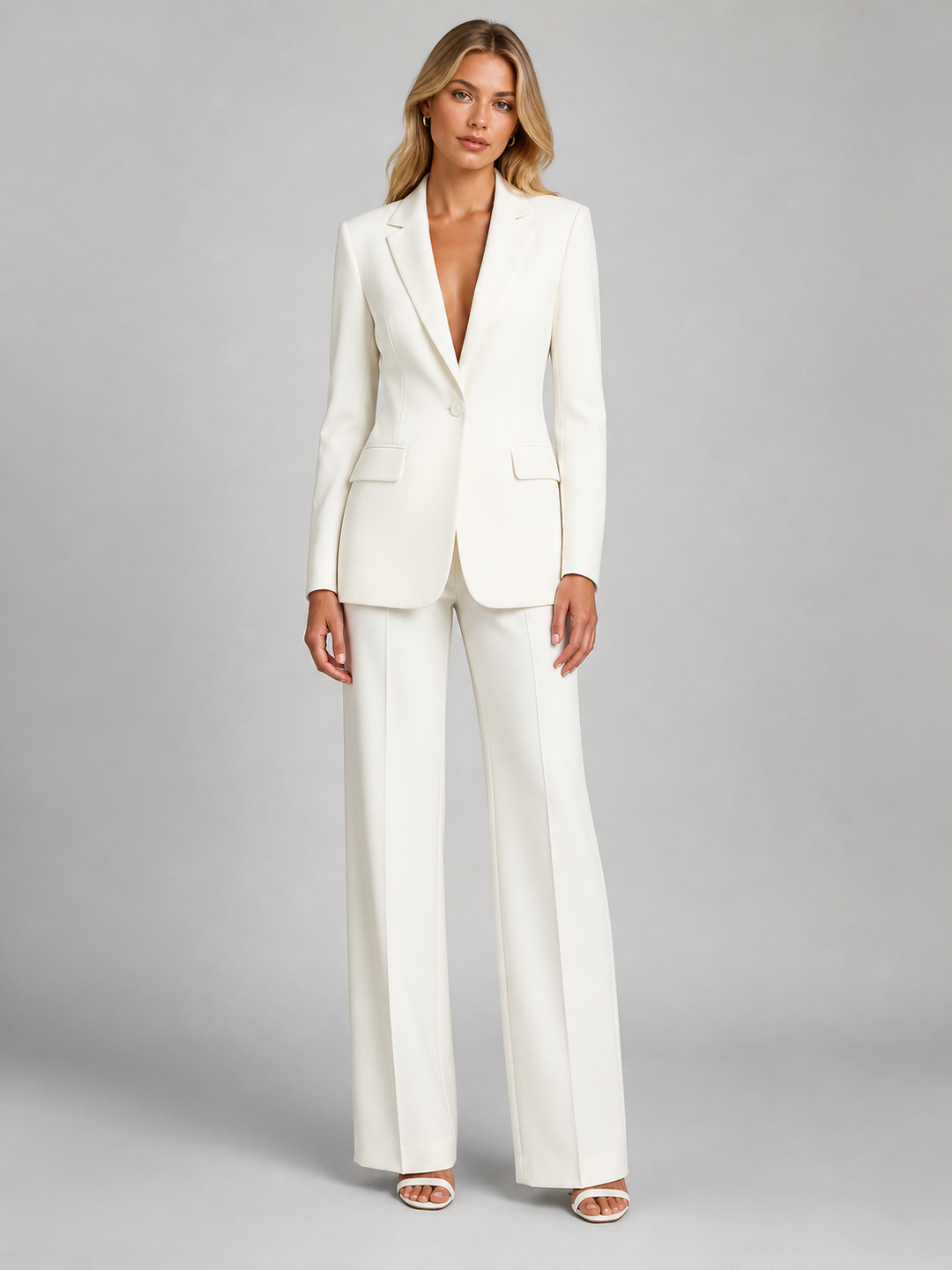 Women's Two-Piece Pantsuit with Blazer and Wide-Leg Pants in ivory, front view.
