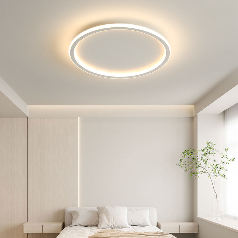White ring ceiling light another view in a minimalist cream bedroom with light wood paneling and a leafy branch.