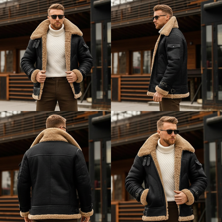 Four-view collage of the black jacket worn by a model: front, side, back and three-quarter angles 3