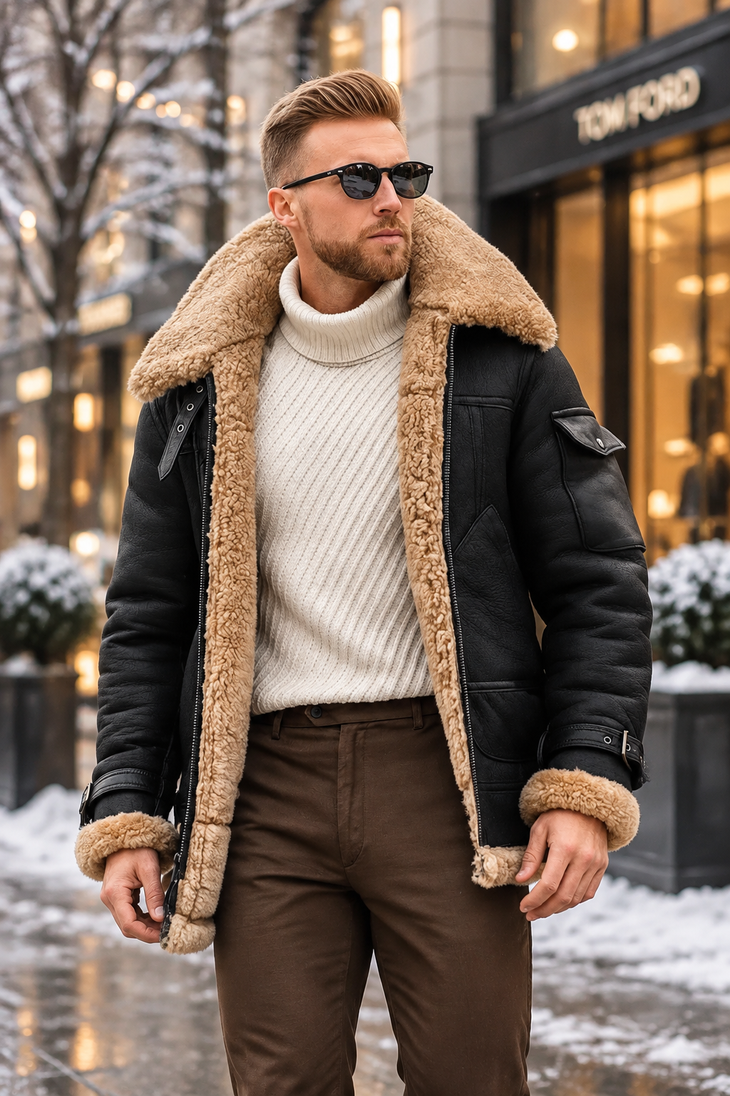 Man in the black jacket with shearling lining, cream turtleneck and brown trousers on a snowy city street 1