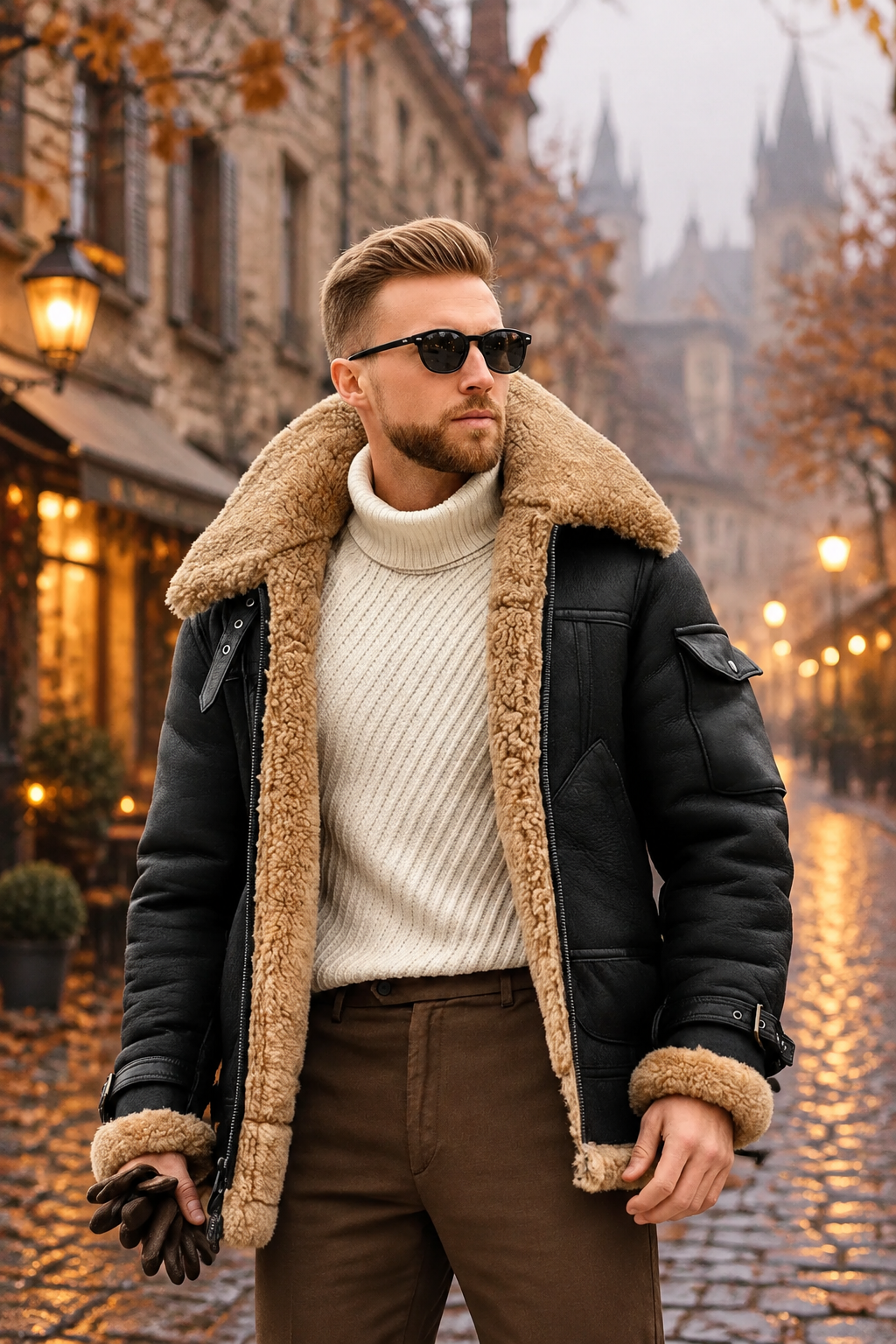 Man in black shearling-collared jacket and cream turtleneck on a lamplit cobblestone street in autumn 1