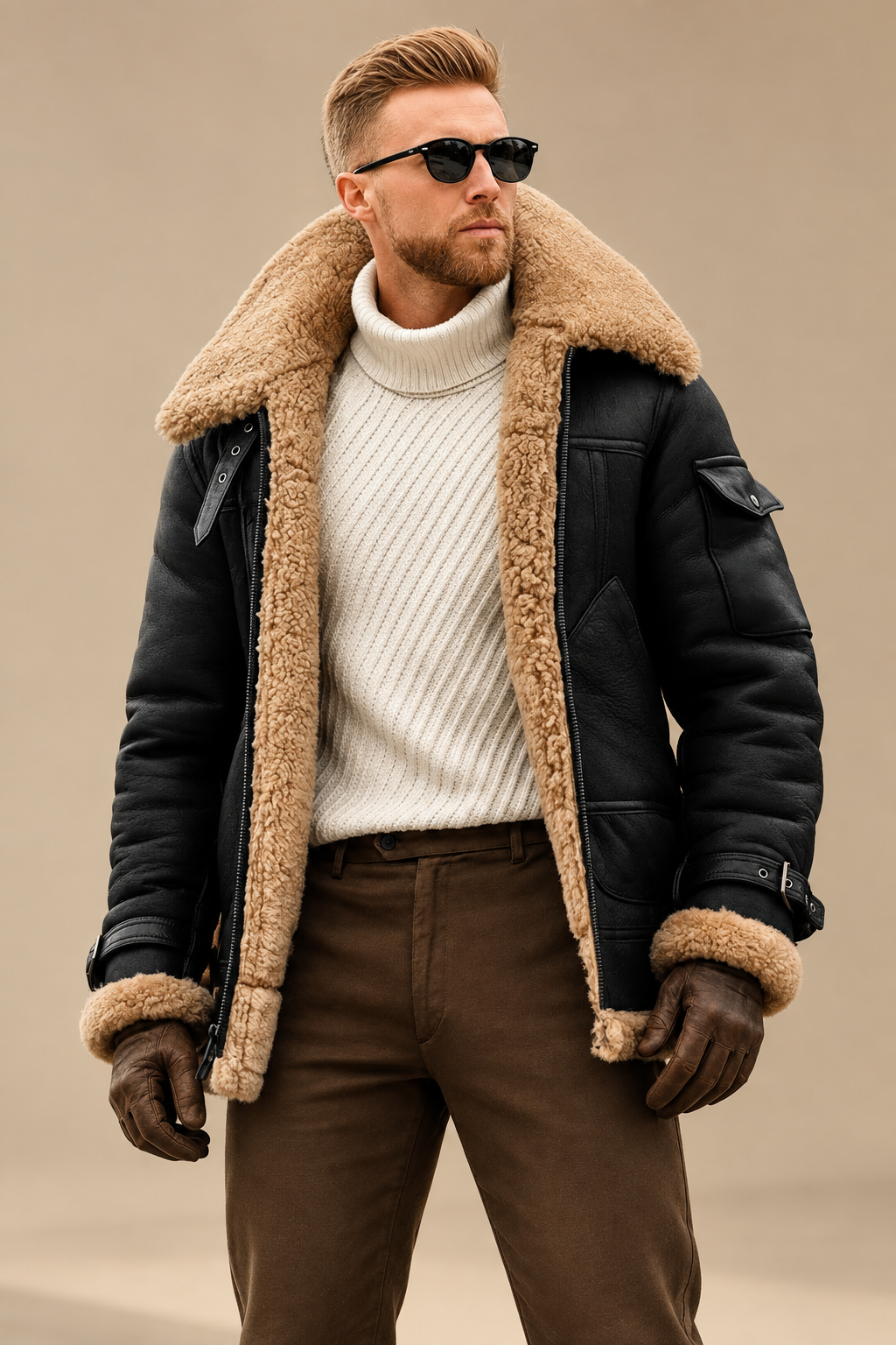 Man in black sheepskin pilot jacket with shearling collar, cream turtleneck, brown trousers and leather gloves against a 1