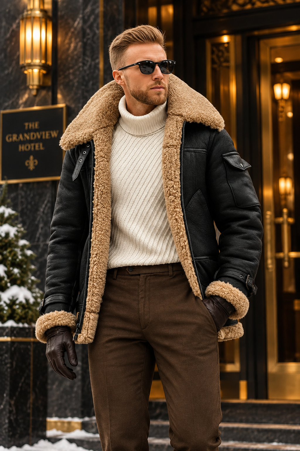 Man in the black shearling jacket with a cream turtleneck and brown gloves, standing outside a marble entrance in winter 1