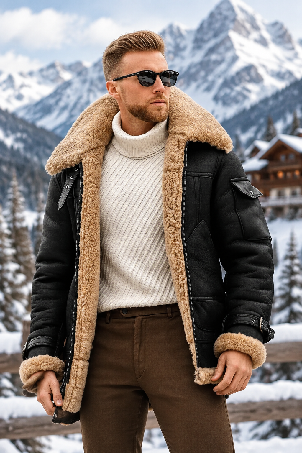 Man in a black shearling-lined leather jacket and cream turtleneck, standing in front of snowy mountains and a chalet 1