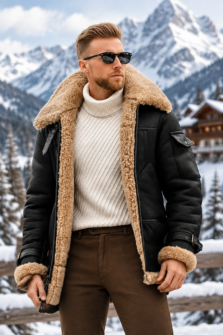 Man in a black shearling-lined leather jacket and cream turtleneck, standing in front of snowy mountains and a chalet 1