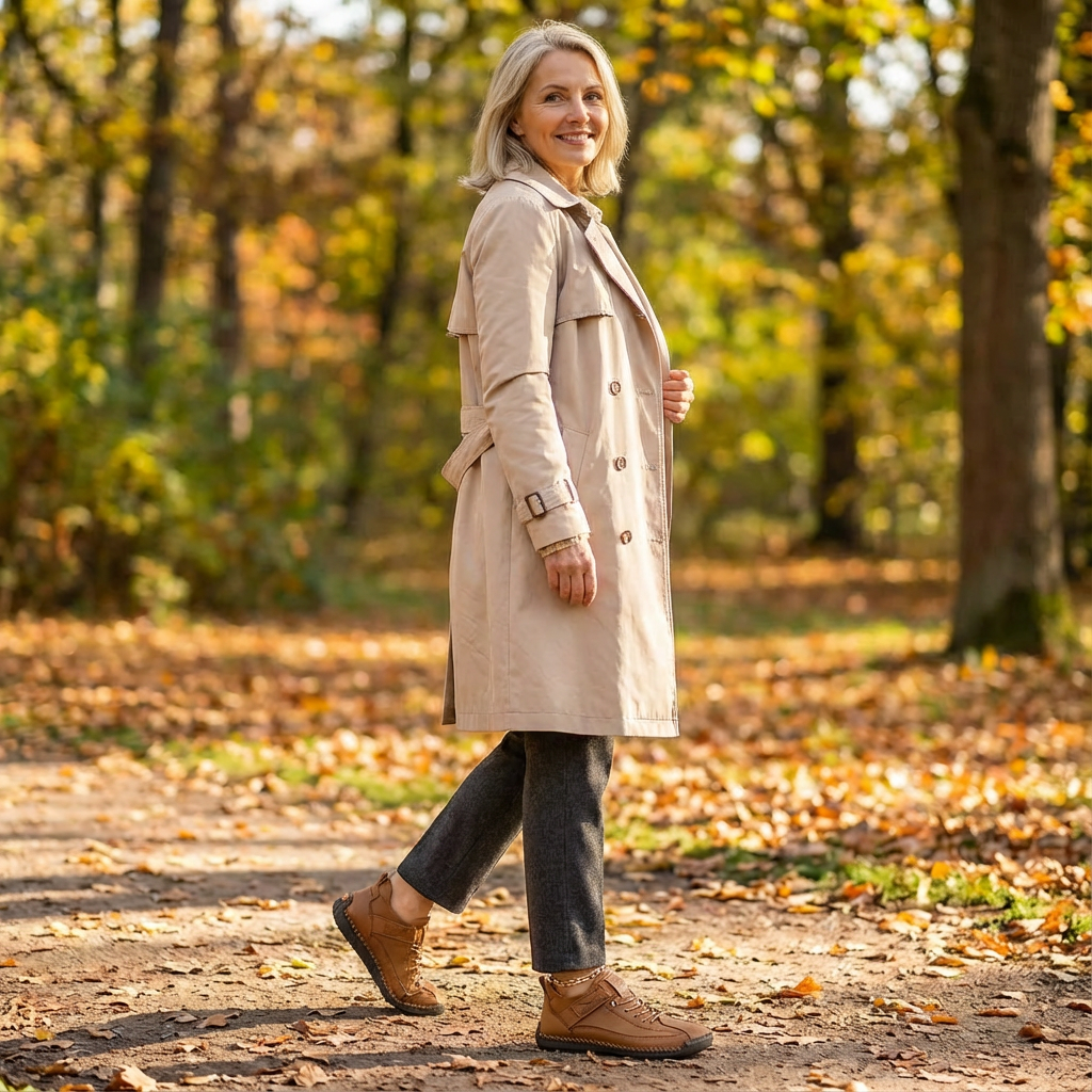Woman in a beige trench coat walks along a leafy path wearing tan brown sneakers 18