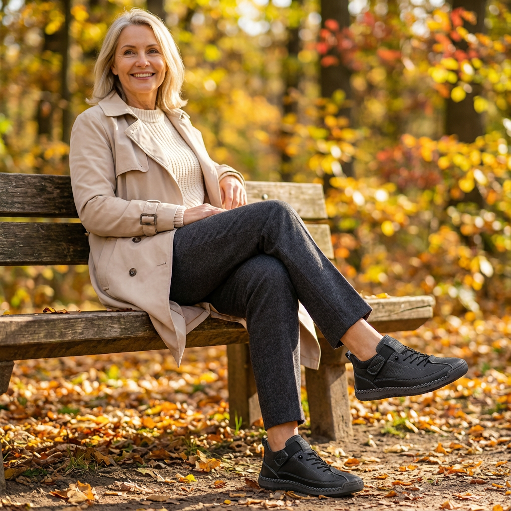 Smiling woman on an autumn park bench with crossed legs, wearing black lace-up sneakers 17