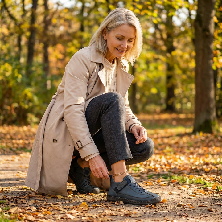 Woman in a trench coat crouches on a leafy path adjusting a blue-gray sneaker 20