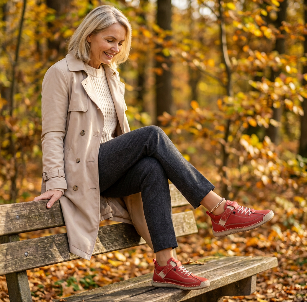 Smiling woman on a bench crosses her legs to show off her red sneakers 23