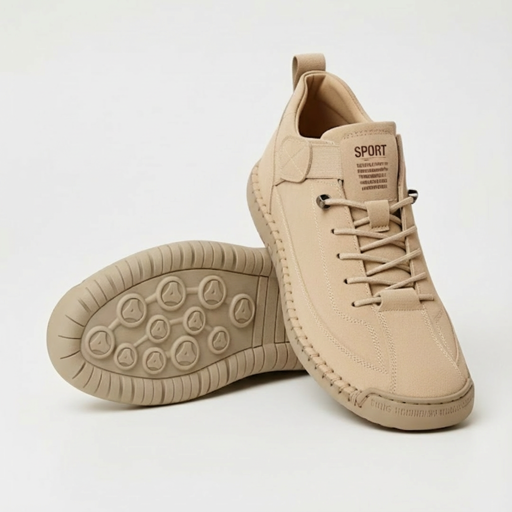 Pair of beige suede-look lace-up sneakers on a light background, one showing its dotted tread sole 1
