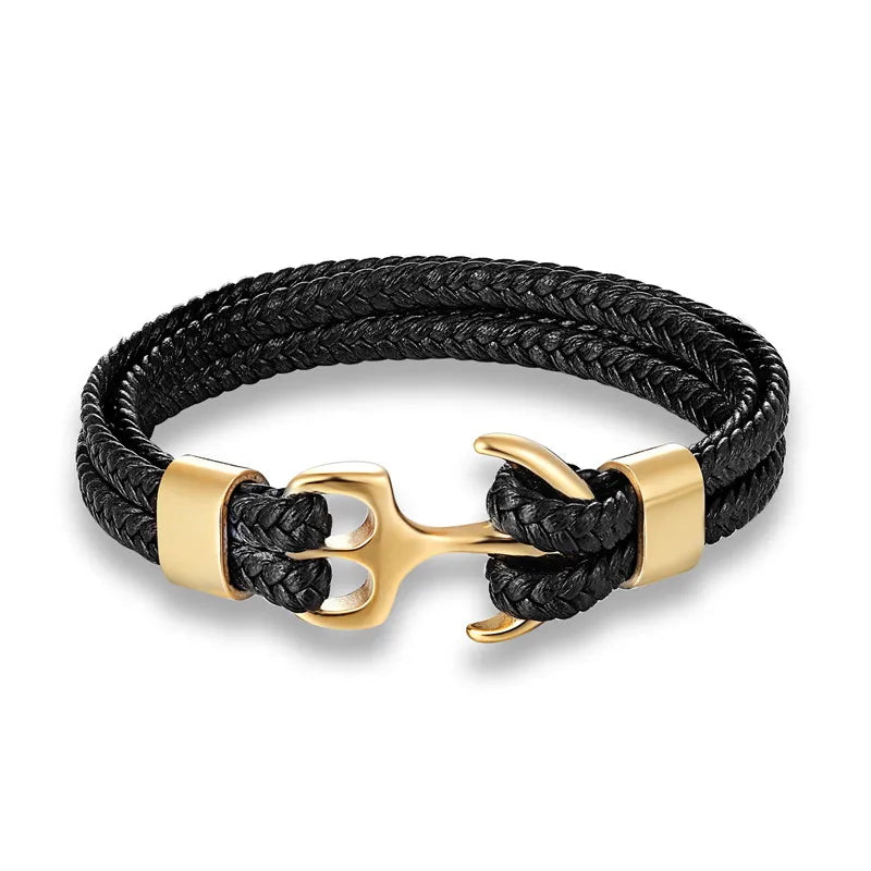 Nautical Anchor Leather Bracelet | Stylish Men's Jewellery-Black-GOLD-19CM-Nora Luxe