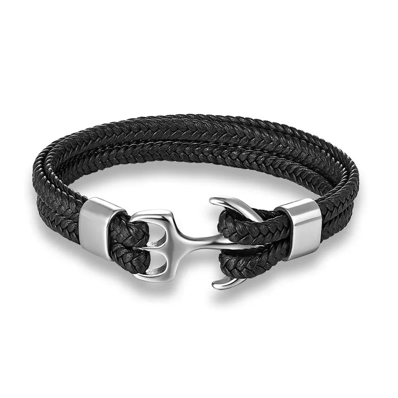Nautical Anchor Leather Bracelet | Stylish Men's Jewellery-Black-SILVER-19CM-Nora Luxe