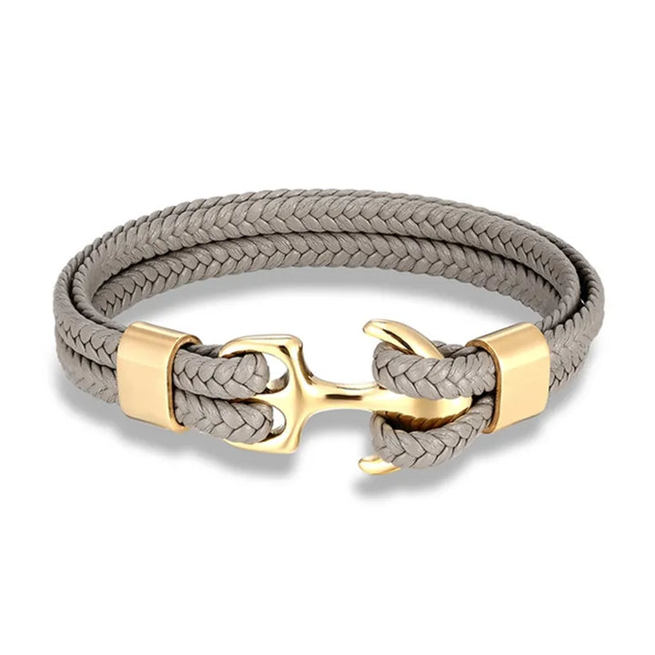 Nautical Anchor Leather Bracelet | Stylish Men's Jewellery-Gray-GOLD-19CM-Nora Luxe
