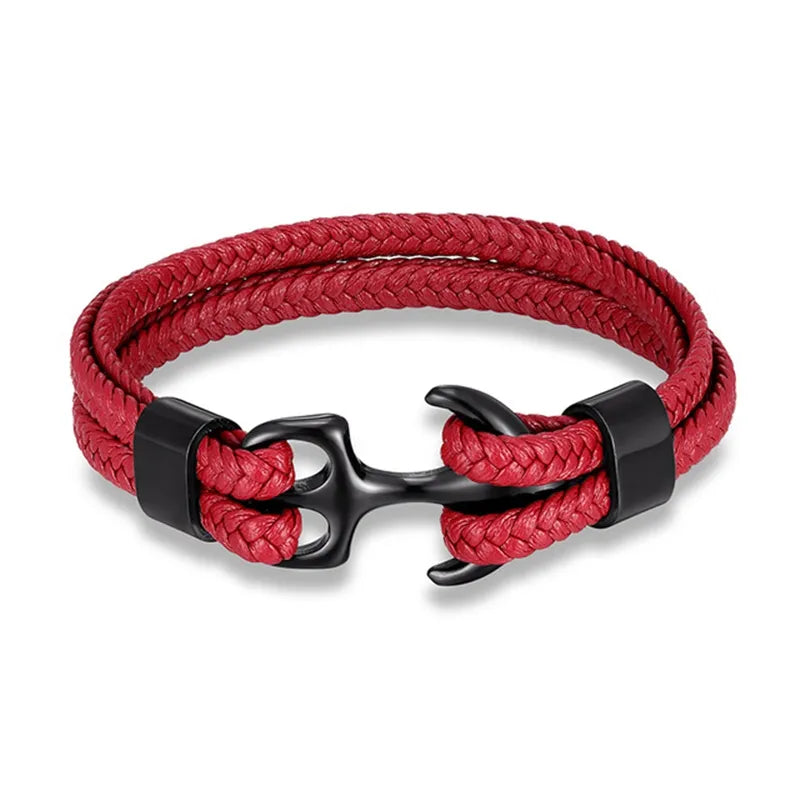 Nautical Anchor Leather Bracelet | Stylish Men's Jewellery-Red-BLACK-19CM-Nora Luxe