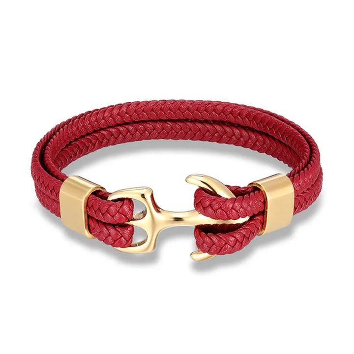 Nautical Anchor Leather Bracelet | Stylish Men's Jewellery-Red-GOLD-19CM-Nora Luxe