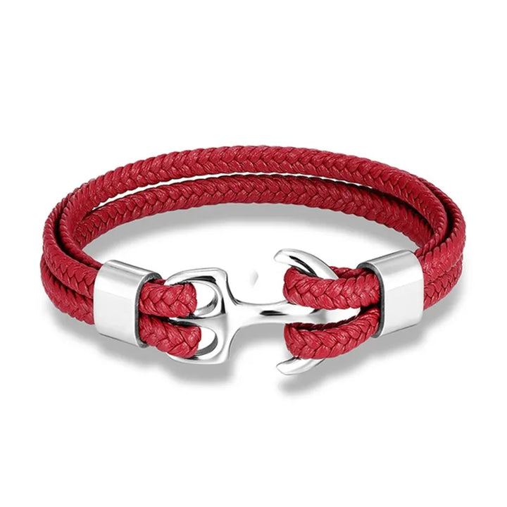 Nautical Anchor Leather Bracelet | Stylish Men's Jewellery-Red-SILVER-19CM-Nora Luxe