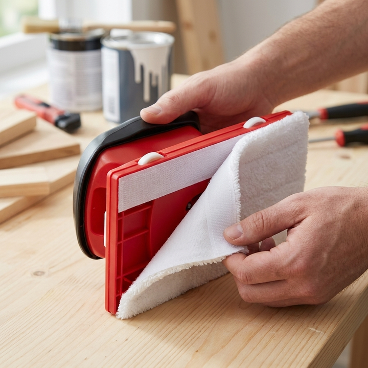 Detail of a white replacement refill pad attaching to a red edging tool by hand.