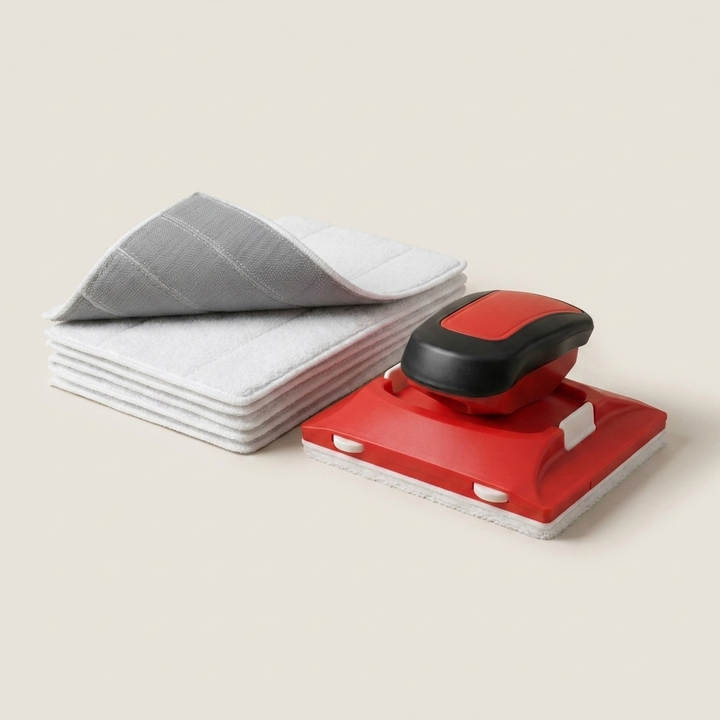 Stack of white microfiber pads with the top one peeled back to show its gray hook-and-loop backing, beside a red and black paint edger. 1