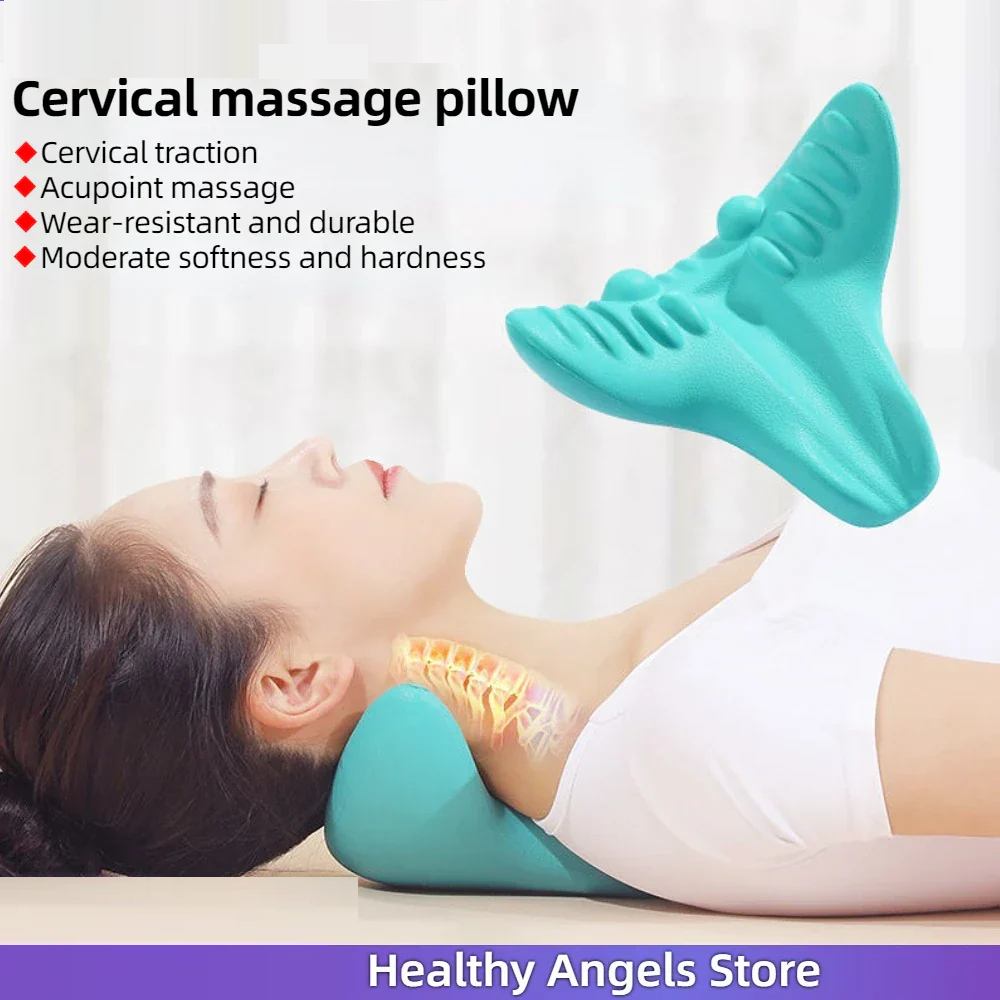 NECK AND SHOULDER STRETCHER - CERVICAL TRACTION MASSAGE CUSHION FOR SPINAL ALIGNMENT-Blue-Nora Luxe