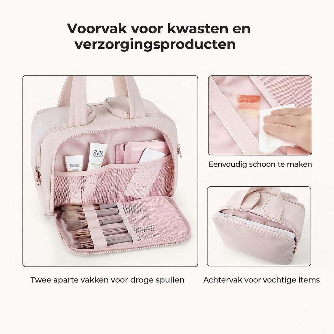 Infographic with three views of the pink bag: front compartment holding makeup brushes and products, a wipe-clean lining, and a rear compartment. 5