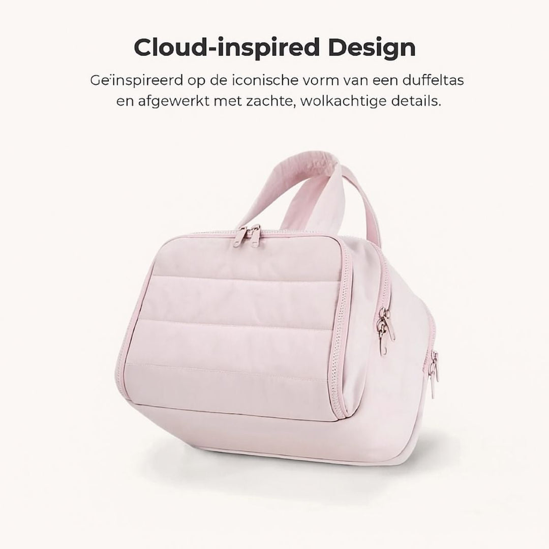 Pink bag at an angle showing the soft quilted front panel and rounded handle, in a promotional layout describing its cloud-inspired duffel shape. 10
