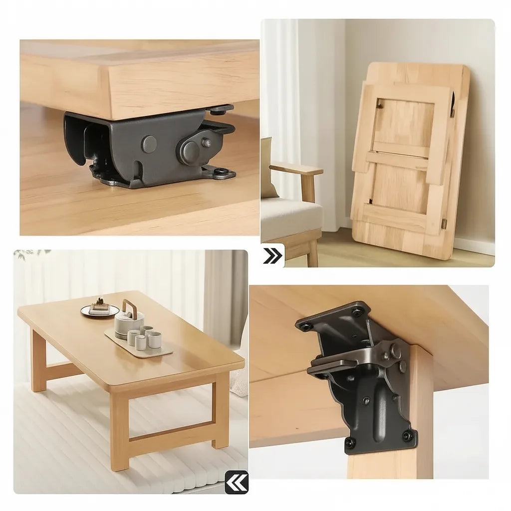 Four-panel collage: a dark bracket closeup, a folded wooden table leaning on a wall, an open low table, and a mounted bracket. 6