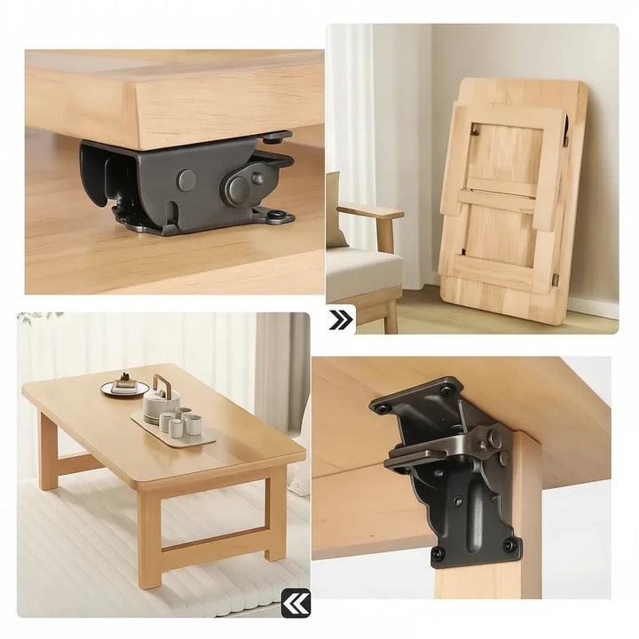 Four-panel collage: a dark bracket closeup, a folded wooden table leaning on a wall, an open low table, and a mounted bracket. 6