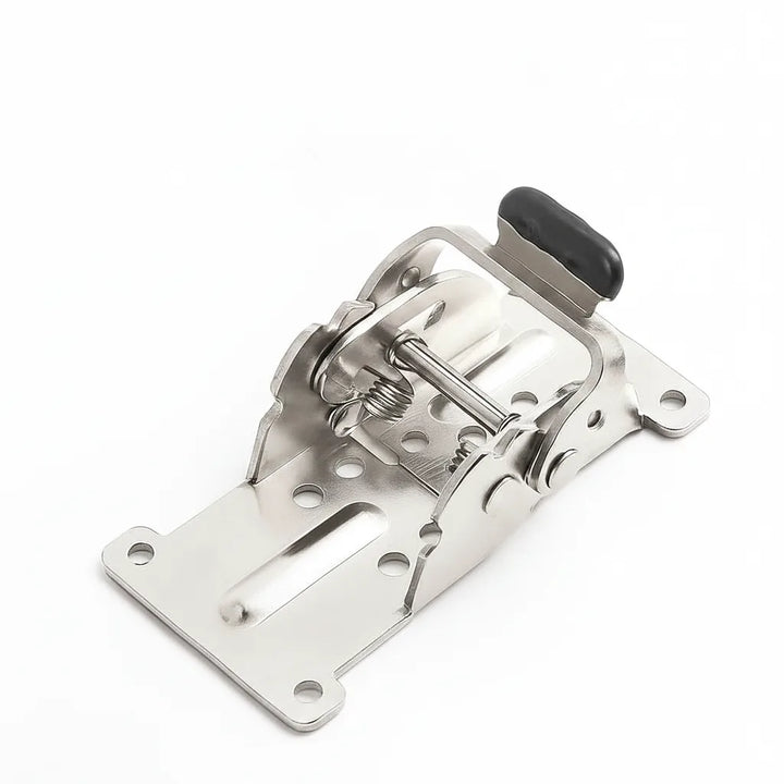 Single silver folding bracket on a white background, showing its screw holes, coil spring, metal pin and black rubber release tab. 8