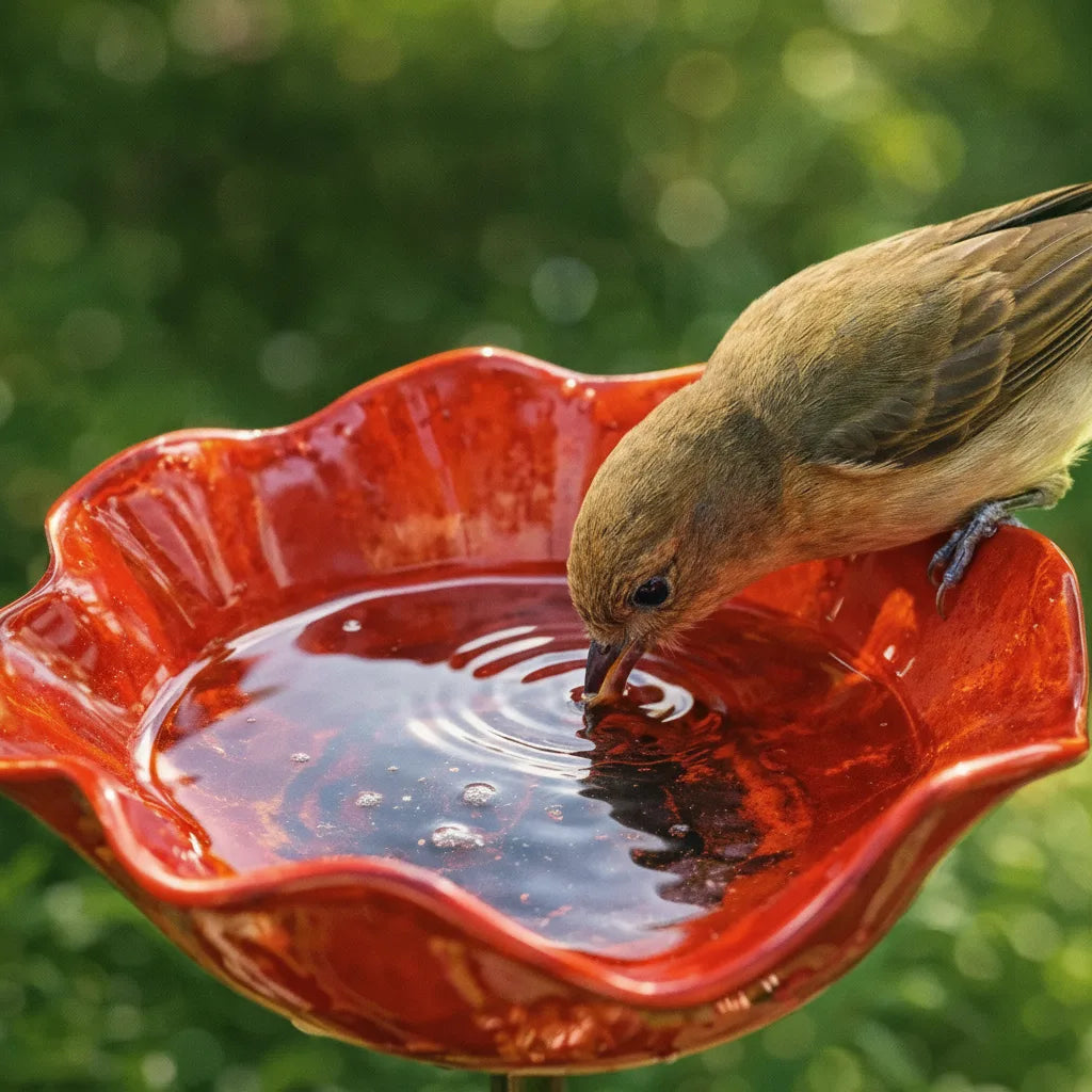 Close-up of a small brown bird drinking from the red ruffled bowl.