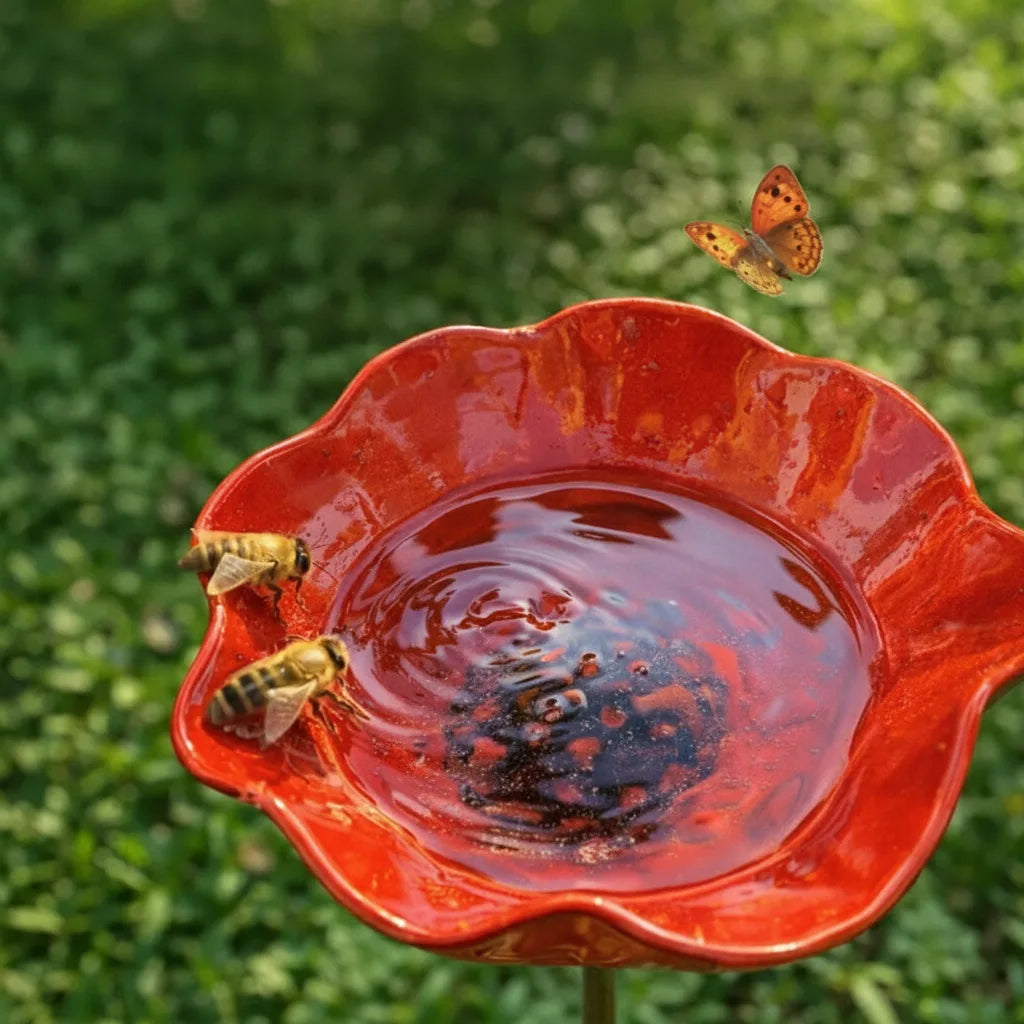 Red glossy bird bath bowl filled with water, with bees on the rim.