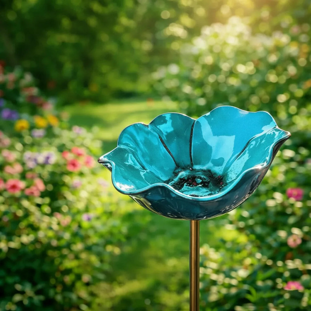Teal-blue flower bird bath on a slim stake.