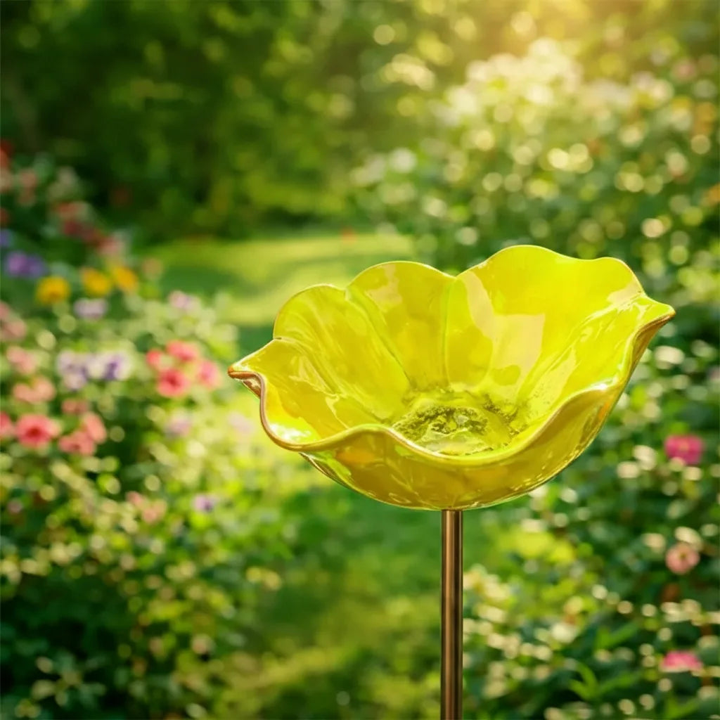 Yellow-green ruffled flower bird bath on a thin metal stake.