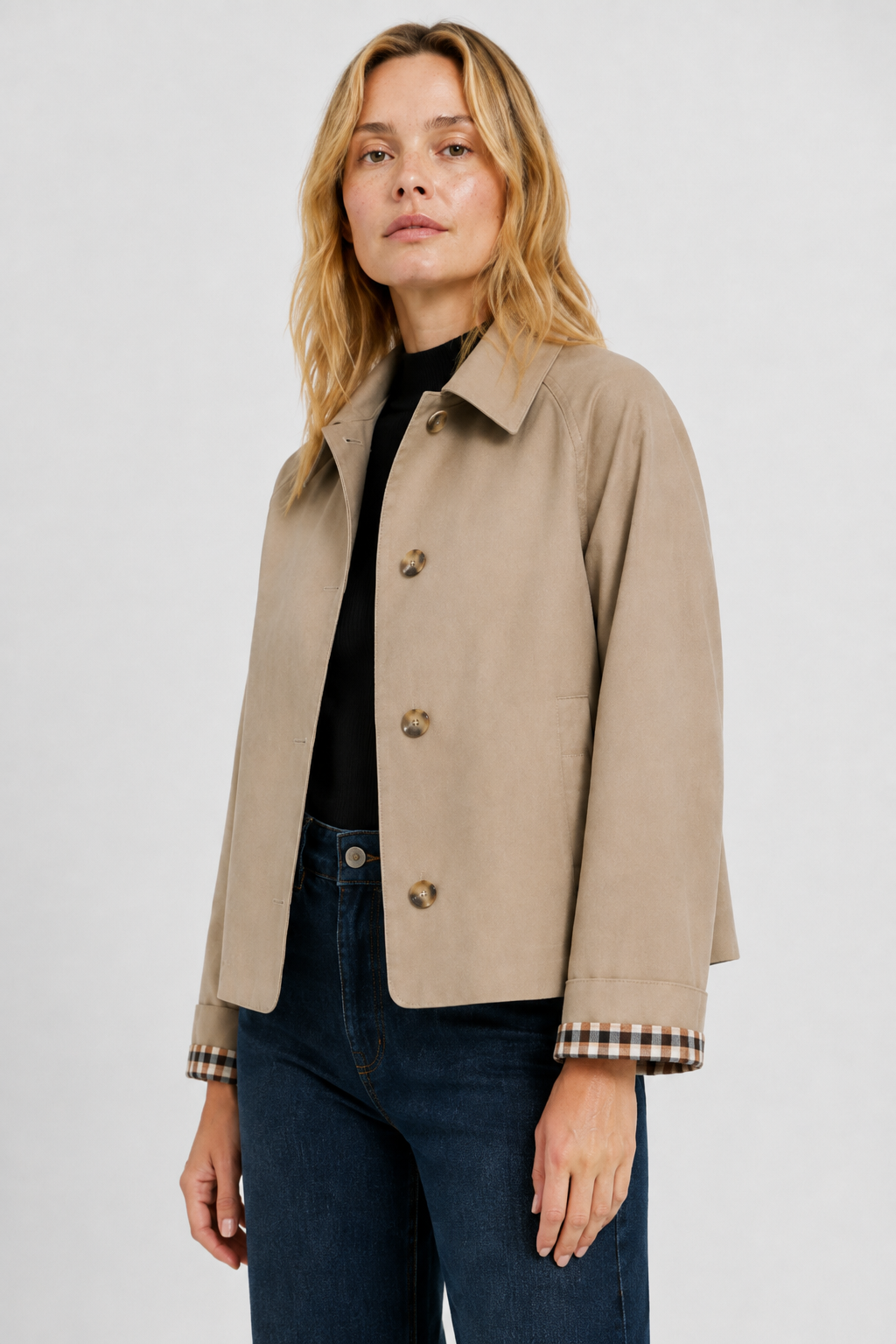 Women's beige lightweight jacket, another view with raglan sleeve and cuffed gingham lining.