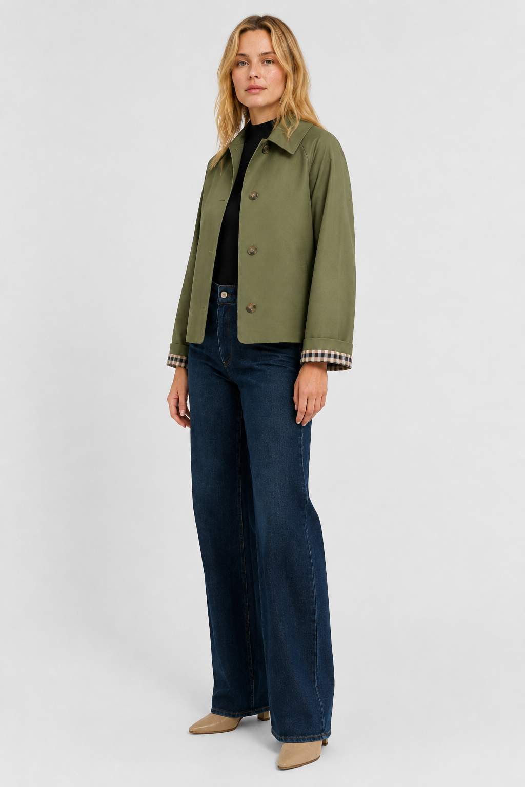 Women's olive green lightweight jacket, another view with button front, cuffed sleeves and beige boots.