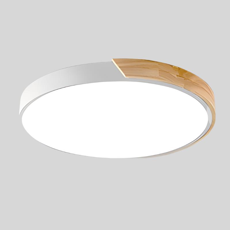 White round ceiling light with a natural wood segment on the rim and bright white diffuser, product shot on a gray background.