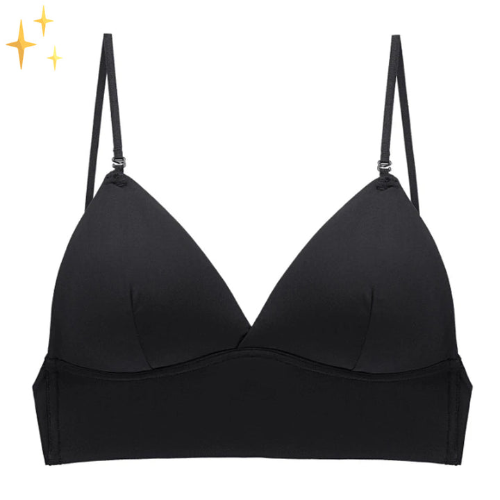 Second flat front view of the black triangle-cup bra with thin straps and silver strap hooks on white. 7